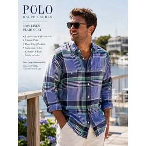 Polo Ralph Lauren Linen Men Shirt L Long Flap Pockets Blue Green Plaid Button